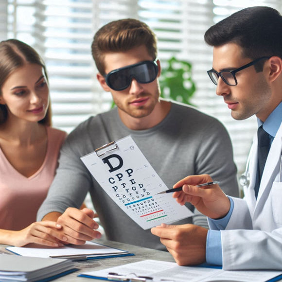 A patient discusses LASIK surgery with an ophthalmologist, reviewing pre-surgery instructions and a vision chart.