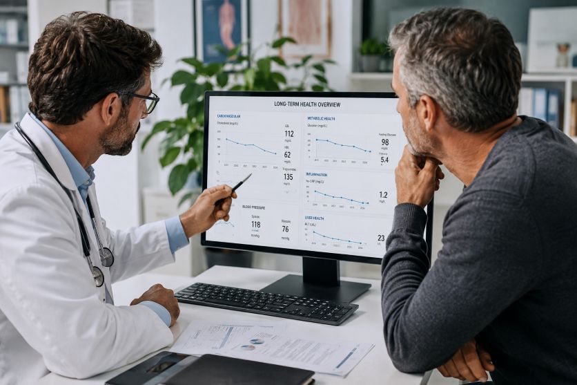 doctor reviewing long-term health biomarker charts